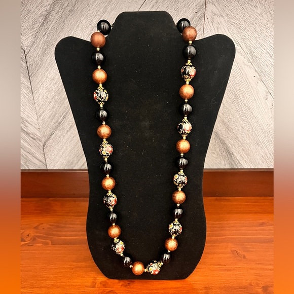 Vintage Signed JAPAN Black Brown Tensha Flowers Beads Beaded 31" Necklace. - Picture 2 of 13